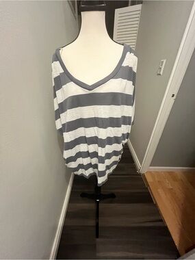 Extra Touch Gray and White Striped V-Neck Tunic